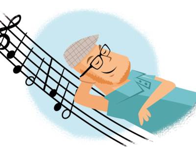 Illustration im Comicstil: Ein Mann liegt mit geschlossenen Augen in einer Hängematte. Die Hängematte sieht aus wie ein Notenblatt mit Musiknoten.